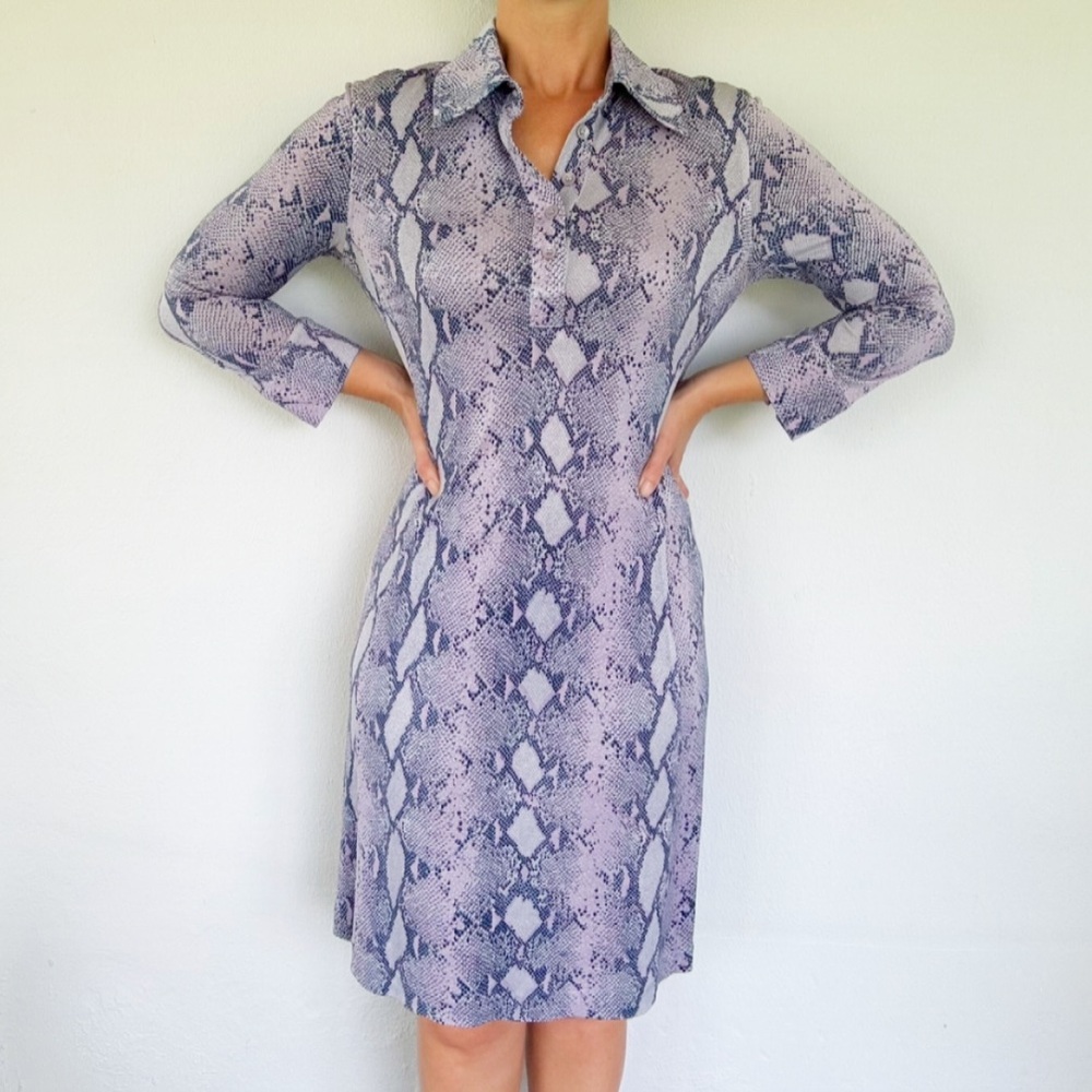 Diane von Furstenburg silk purple snake long sleeve collared dress size 10